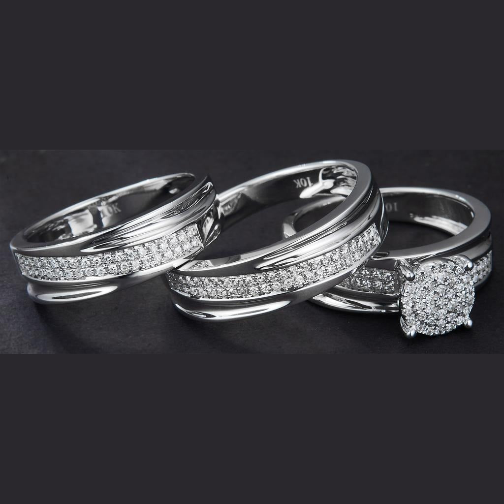 0.44 Ct. Diamond 10 Kt Gold (White). Trio Set (Mens Band Size 10, Women Engag & Band) Wedding Set. Size 7.5