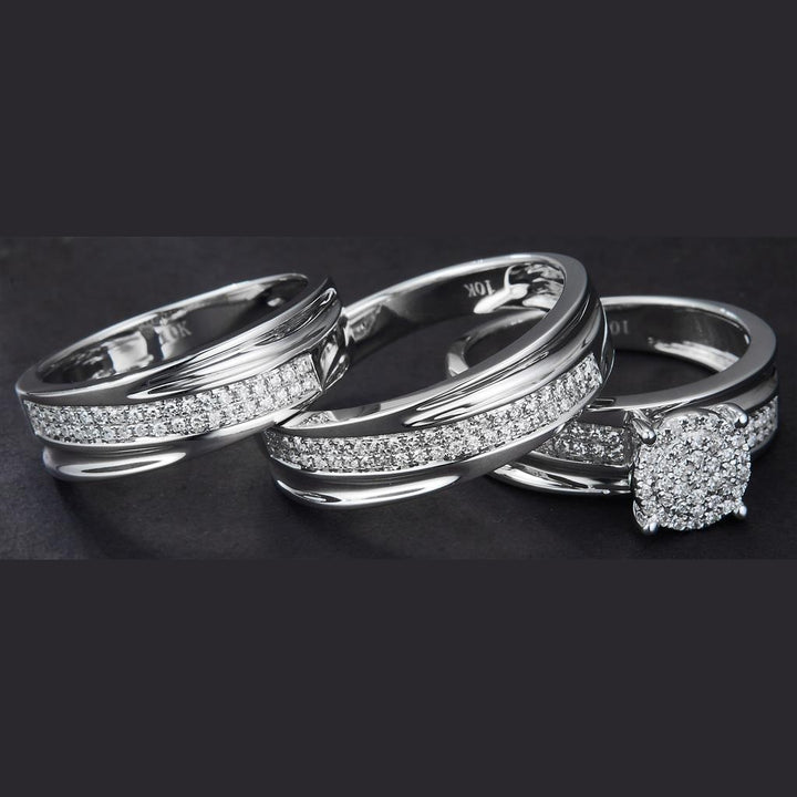 0.44 Ct. Diamond 10 Kt Gold (White). Trio Set (Mens Band Size 10, Women Engag & Band) Wedding Set. Size 7.5