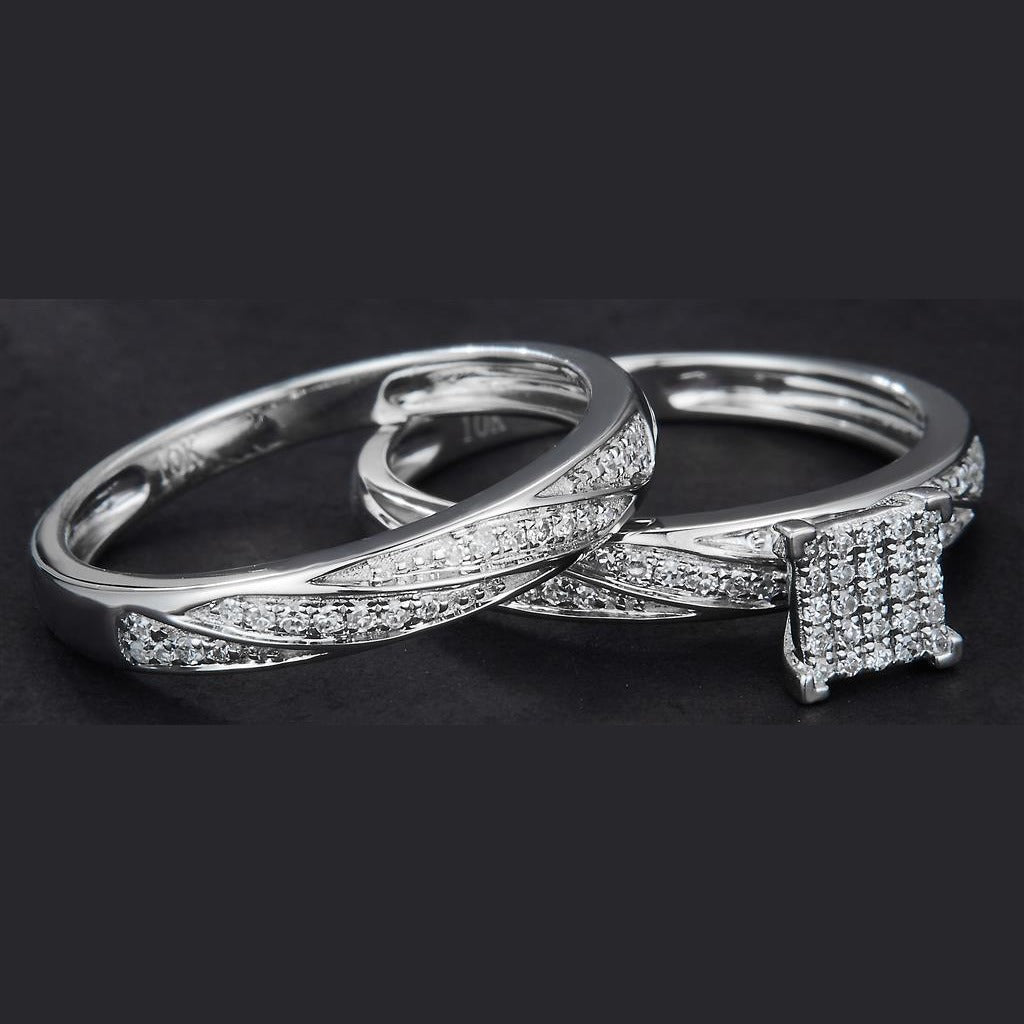 0.317 Ct. Diamond 14 Kt Gold (White). Trio Set (Mens Band Size 10, Women Engag & Band) Wedding Set. Size 7.5