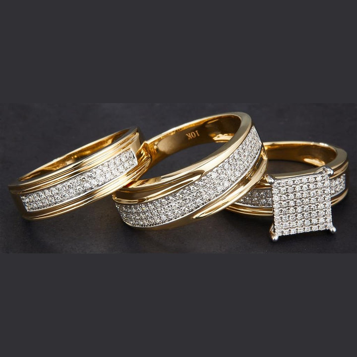 0.582 Ct. Diamond 10 Kt Gold (Yellow). Trio Set (Mens Band Size 10, Women Engag & Band) Wedding Set. Size 7.5