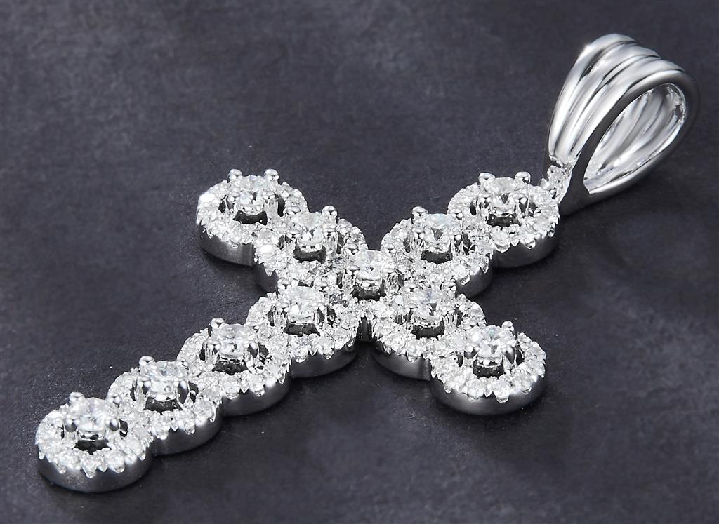 0.707 Ct. Diamond 14 Kt Gold (White). Cross Pendant. (Unisex).