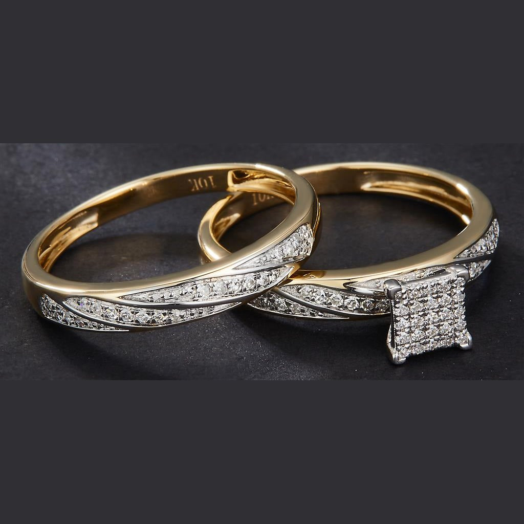 0.509 Ct. Diamond 10 Kt Gold (Yellow). Trio Set (Mens Band Size 10, Women Engag & Band) Wedding Set. Size 7.5
