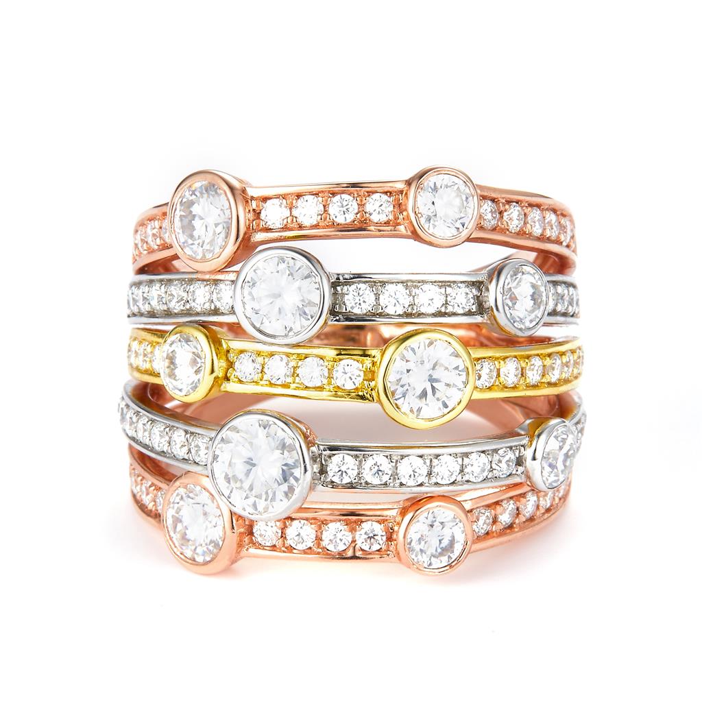 2.68 Ct. Moissanite Sterling Silver (Yellow and White). Multi-Row Ring. (Women). Size 8