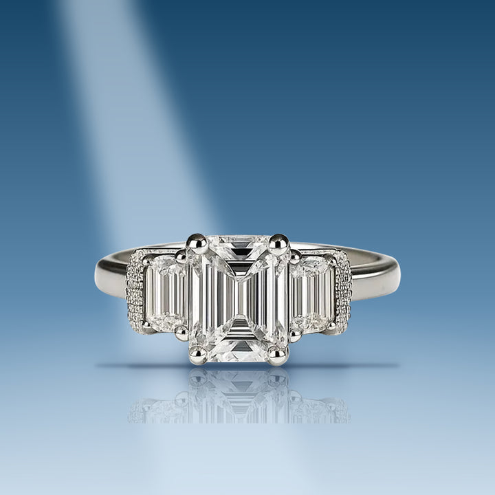 White gold lab diamond emerald-trapezoid ring