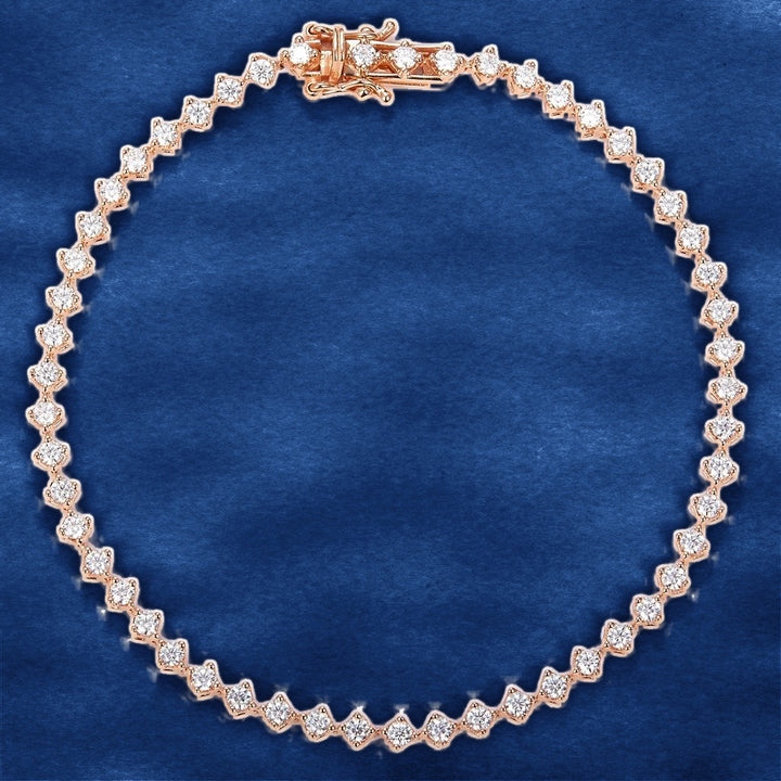 1.74 Ct. Moissanite 14 Kt Gold (Rose) Tennis Diamond Shape-Style Bracelet on blue velvet