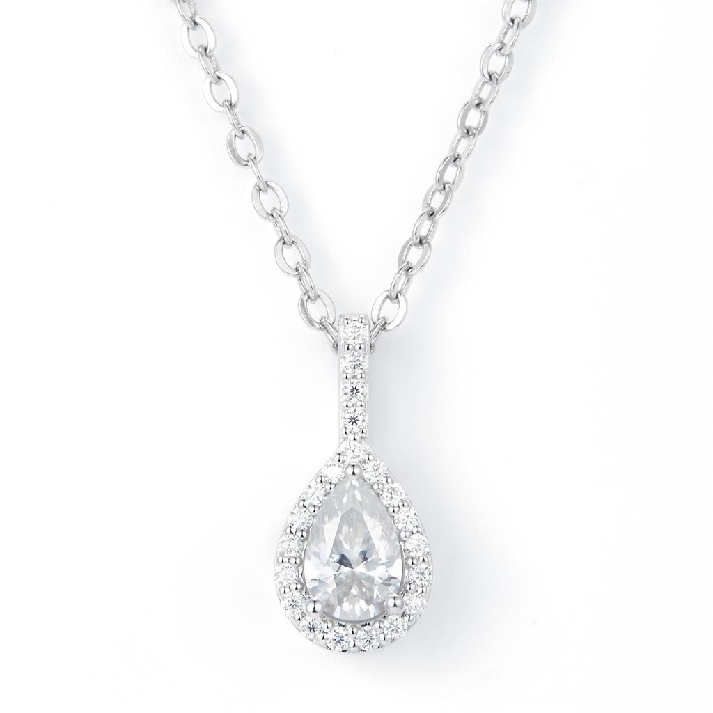 0.451 Ct. Moissanite Sterling Silver (White). Halo Style Solitaire Pear Cut Stone Charm Pendant. (Women).