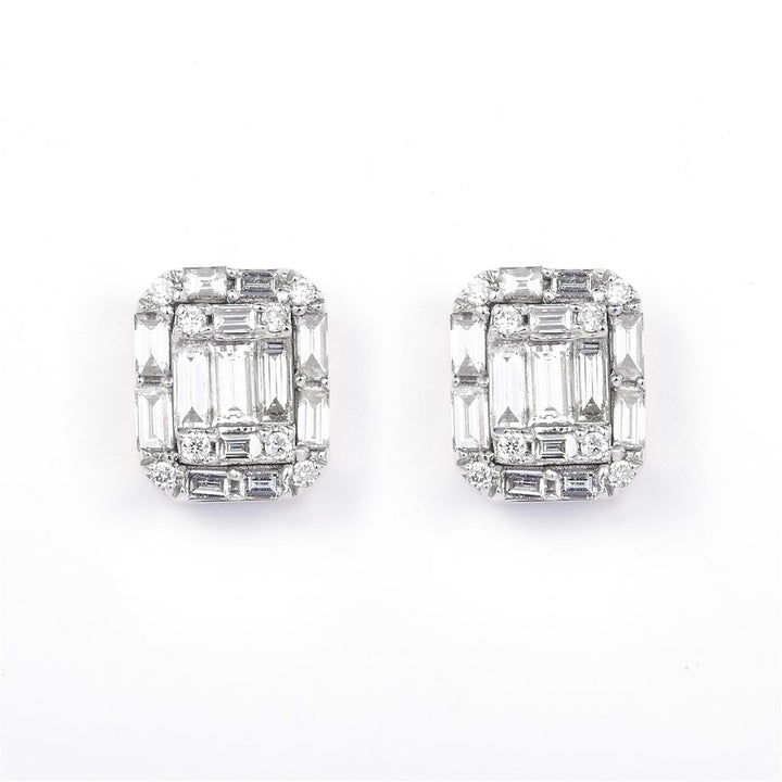 0.865 Ct. Diamond 14 Kt Gold (White). Studs with Baguettes Earrings. (Unisex).