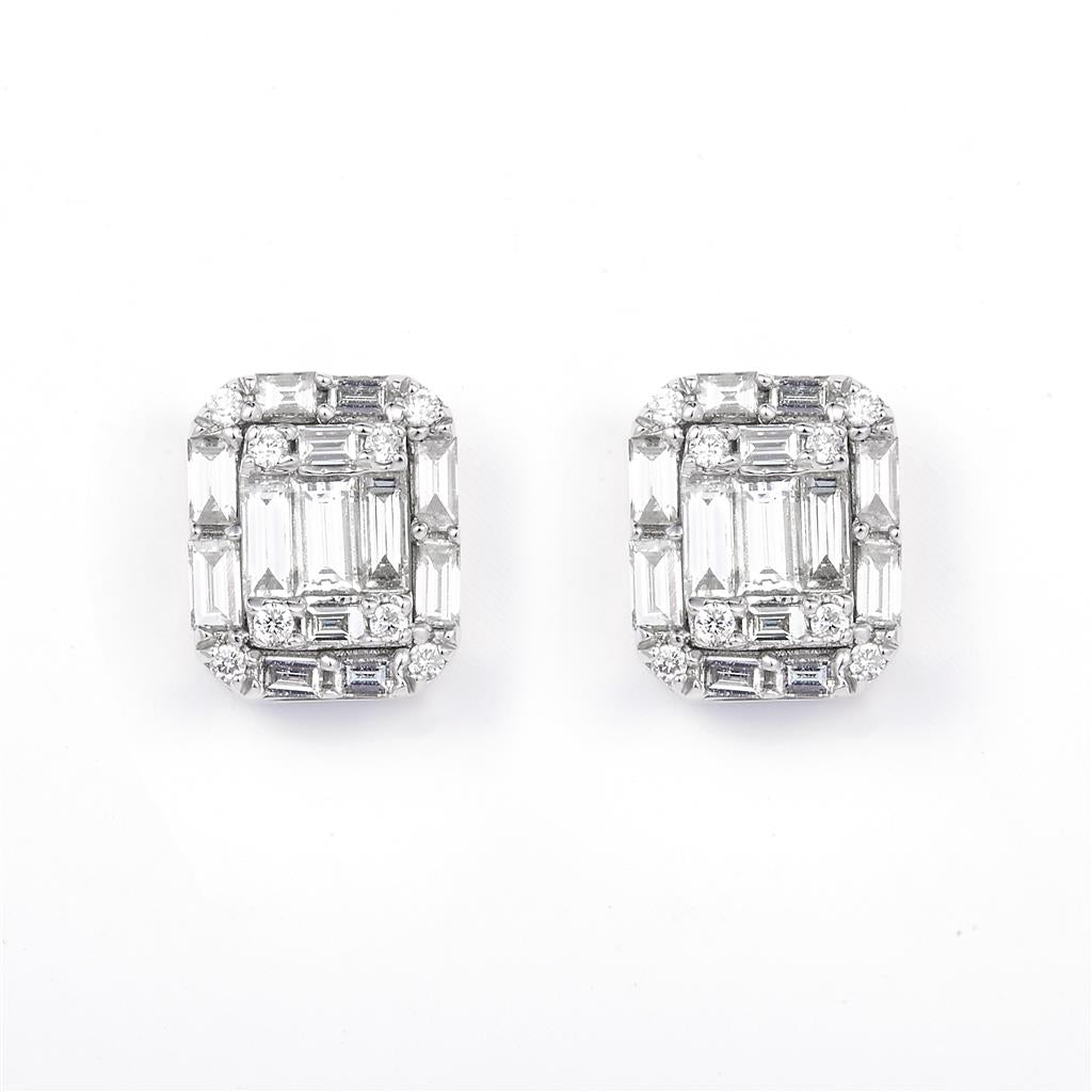 0.865 Ct. Diamond 14 Kt Gold (White). Studs with Baguettes Earrings. (Unisex).