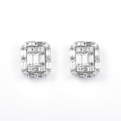 0.865 Ct. Diamond 14 Kt Gold (White). Studs with Baguettes Earrings. (Unisex).