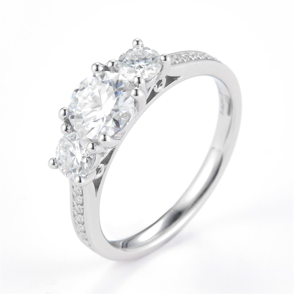 2.603 Ct. Moissanite Sterling Silver (White). 3-Stone Style Ring. (Women). Size 8