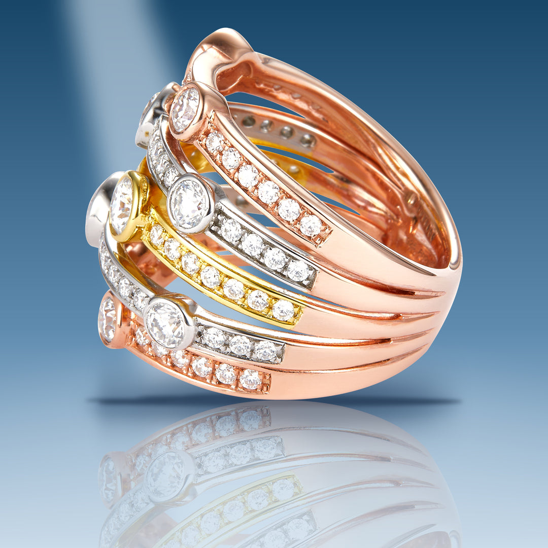 Two-tone sterling silver moissanite multi-row ring
