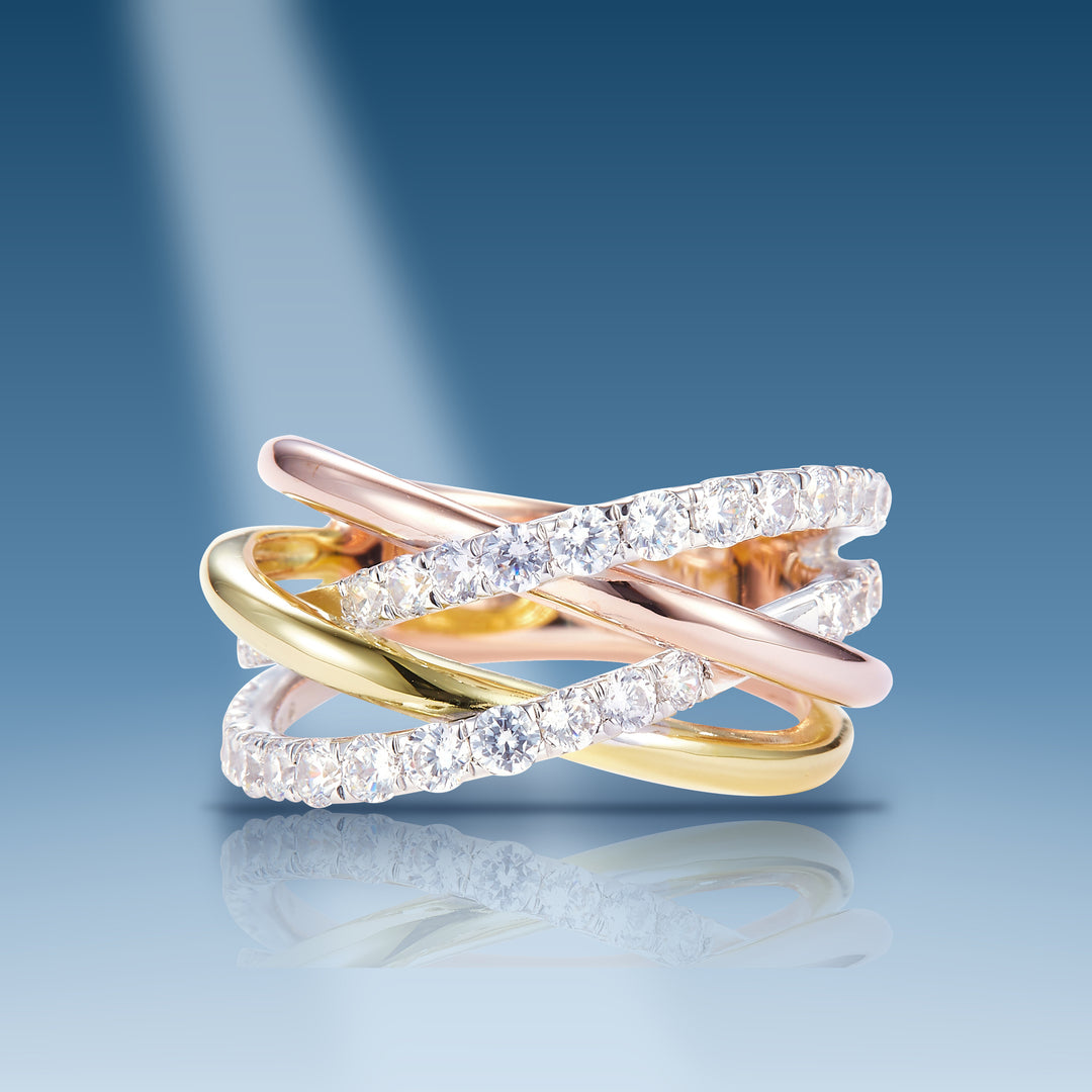 Two-tone sterling silver moissanite highway style multi-row ring