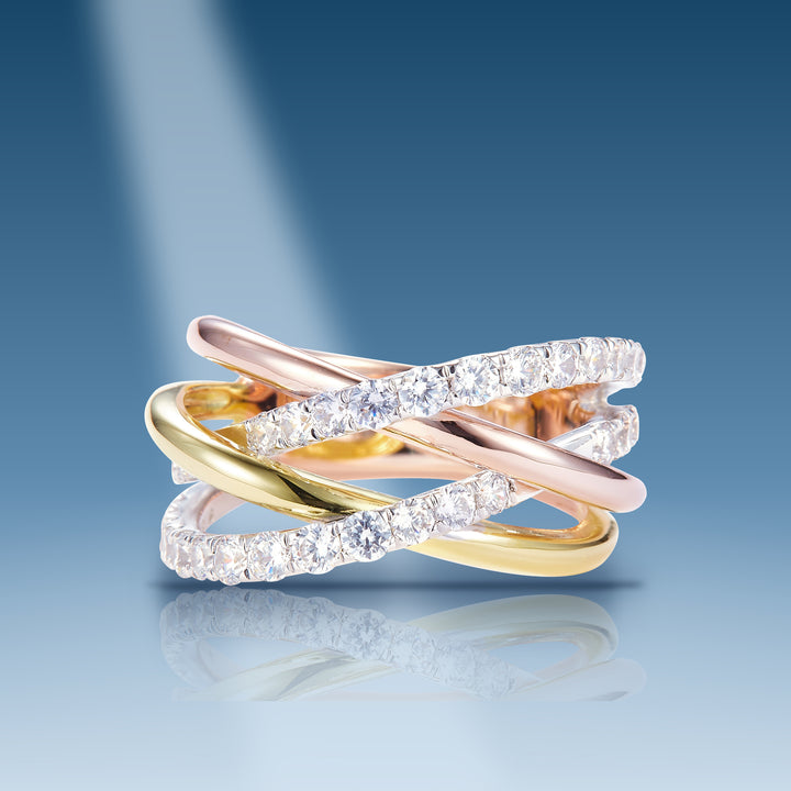 Two-tone sterling silver moissanite highway style multi-row ring