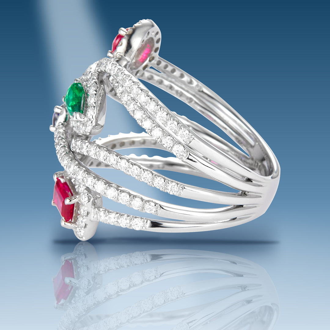 Sterling silver moissanite simulant blue sapphire, emerald and ruby multi row ring