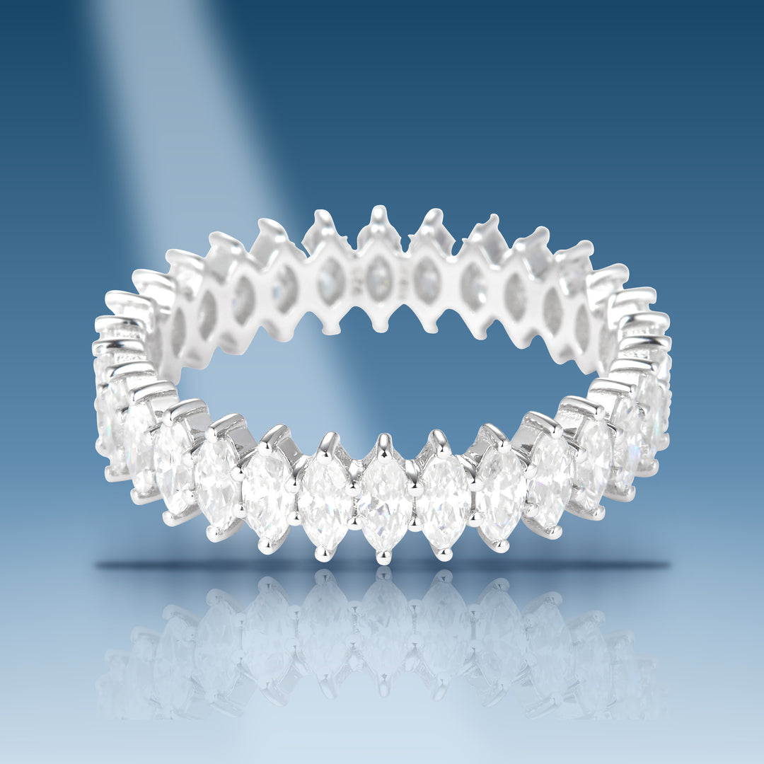 Sterling silver moissanite eternity band with marquise stones ring
