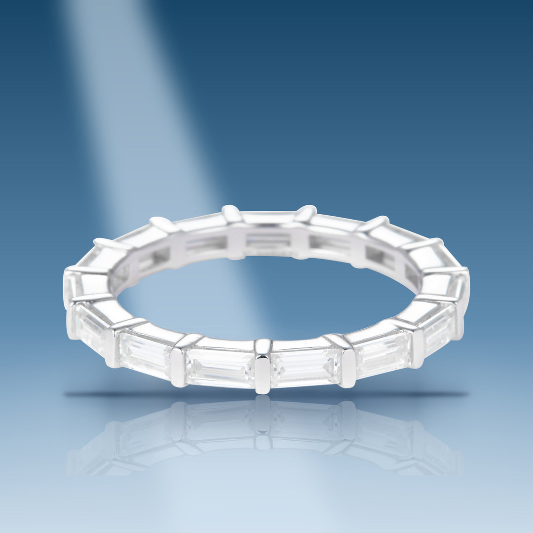 Sterling silver moissanite eternity band with baguettes ring
