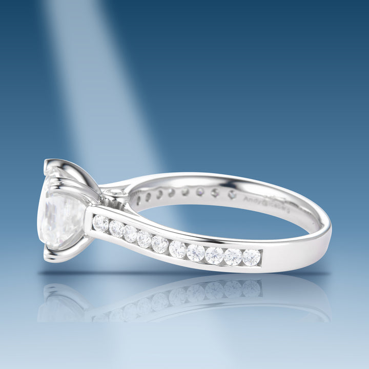 Sterling silver moissanite solitaire with emerald cut center stone ring