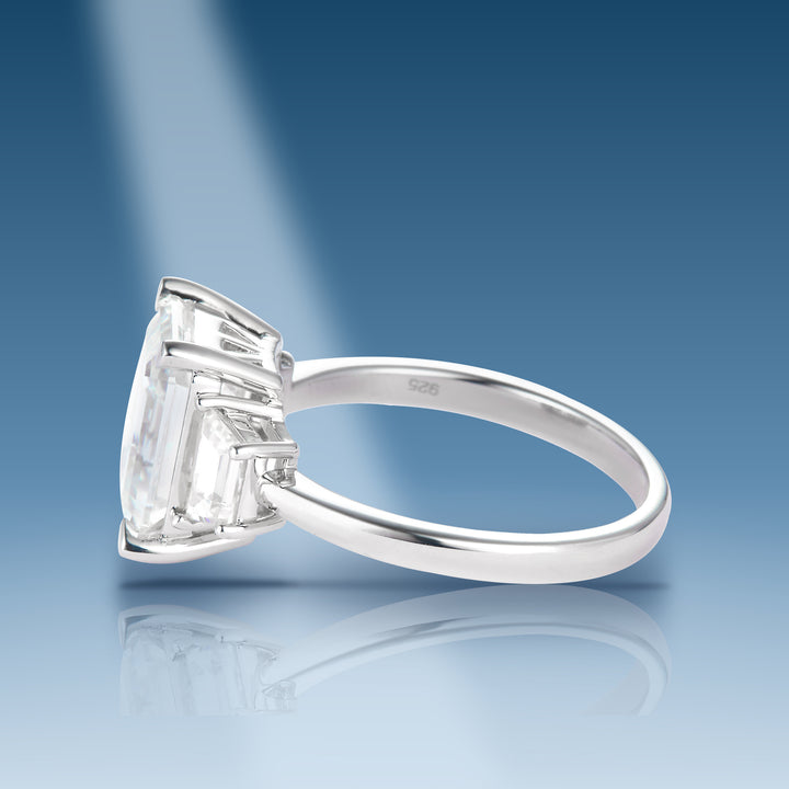 Sterling silver moissanite solitaire with emerald cut center stone ring