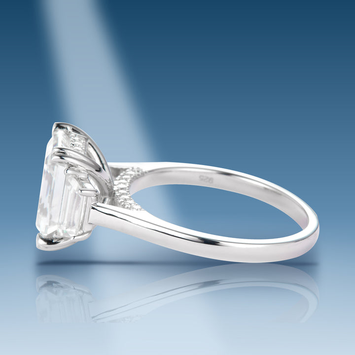Sterling silver moissanite solitaire with emerald cut center stone ring