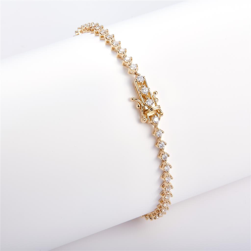 1.66 Ct. Moissanite 14 Kt Gold (Yellow). Tennis Diamond Shape-Style Bracelet. (Women). 7 in Long. 3 mm Wide