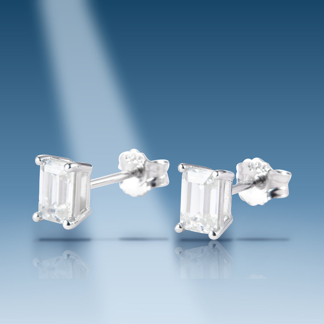 Sterling silver moissanite solitaire stud with emerald cut center stone earrings