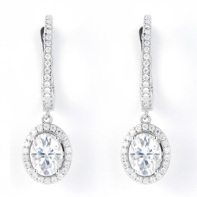 3.15 Ct. Moissanite Sterling Silver (White). Dangle with Oval Cut approx 1/2 Ct Center Stone Each. Hinged Snap Fastening Earrings. (Women).
