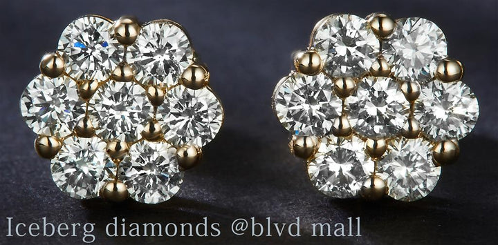 1.106 Ct. Diamond 14 Kt Gold (Yellow). Flower Style Studs Earrings. (Unisex).