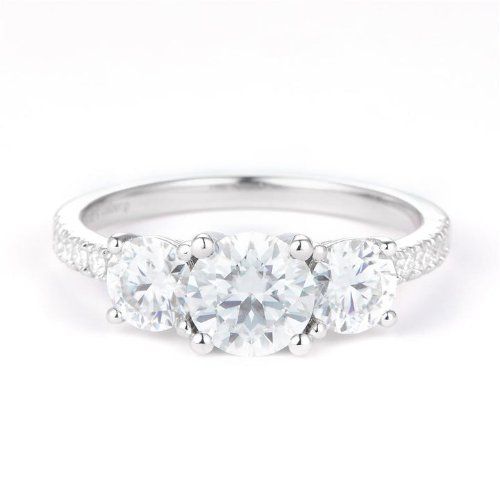 2.17 Ct. Moissanite Sterling Silver (White). 3-stone Style Ring. (Women). Size 7.5