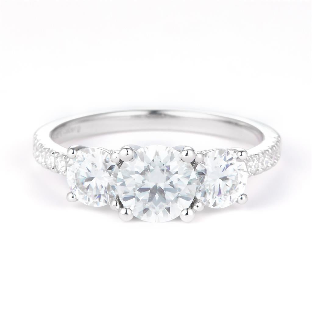 2.17 Ct. Moissanite Sterling Silver (White). 3-stone Style Ring. (Women). Size 7.5