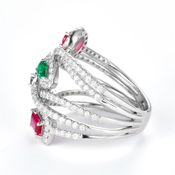 2.21 Ct. Moissanite Sterling Silver (White). Simulant Blue Sapphire, Emerald and Ruby Multi-Row Ring. (Women). Size 7.5