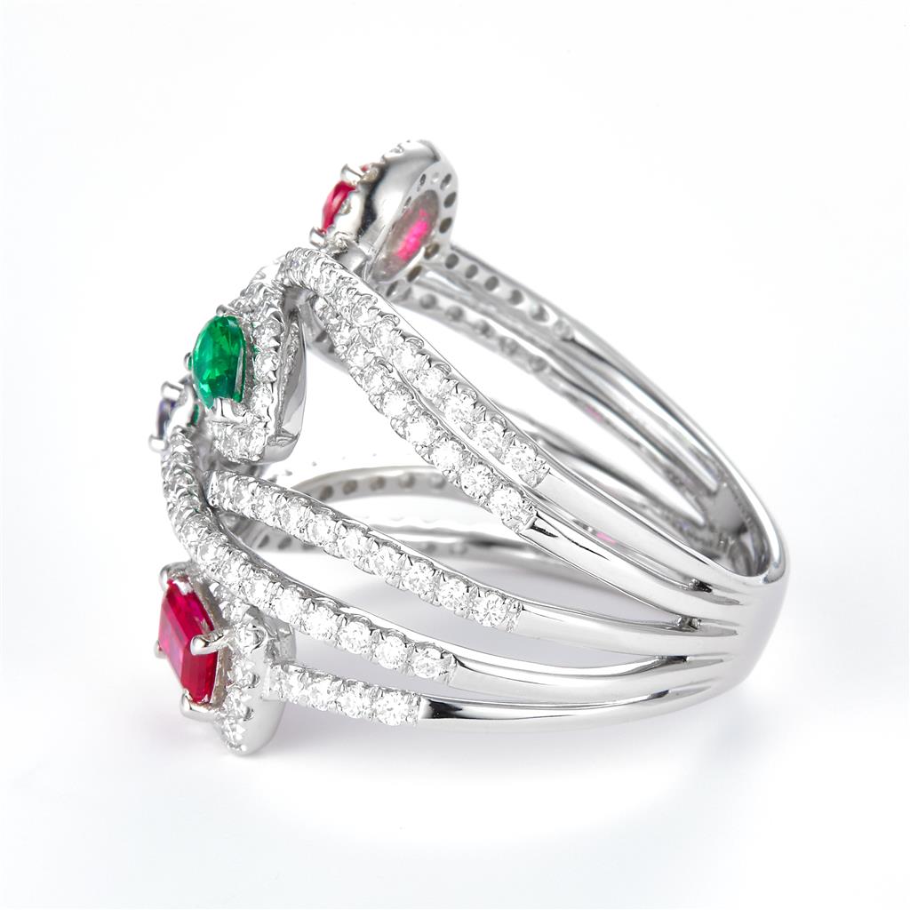 2.21 Ct. Moissanite Sterling Silver (White). Simulant Blue Sapphire, Emerald and Ruby Multi-Row Ring. (Women). Size 7.5