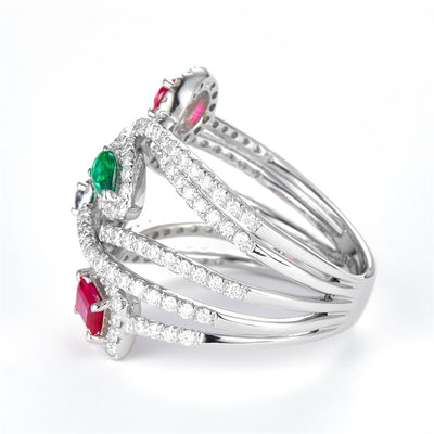 2.21 Ct. Moissanite Sterling Silver (White). Simulant Blue Sapphire, Emerald and Ruby Multi-Row Ring. (Women). Size 7.5