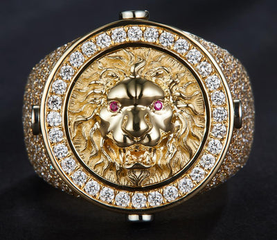 1.266 Ct. Diamond 10 Kt Gold (Yellow). Lion Face with Ruby Eyes Ring. (Men). Size 10