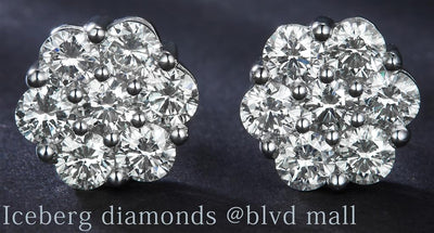 1.991 Ct. Diamond 14 Kt Gold (White). Flower Style Studs Earrings. (Unisex).