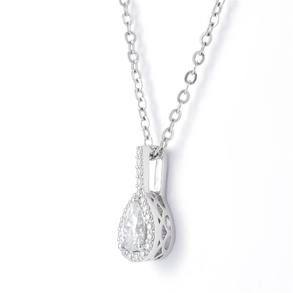 0.451 Ct. Moissanite Sterling Silver (White). Halo Style Solitaire Pear Cut Stone Charm Pendant. (Women).
