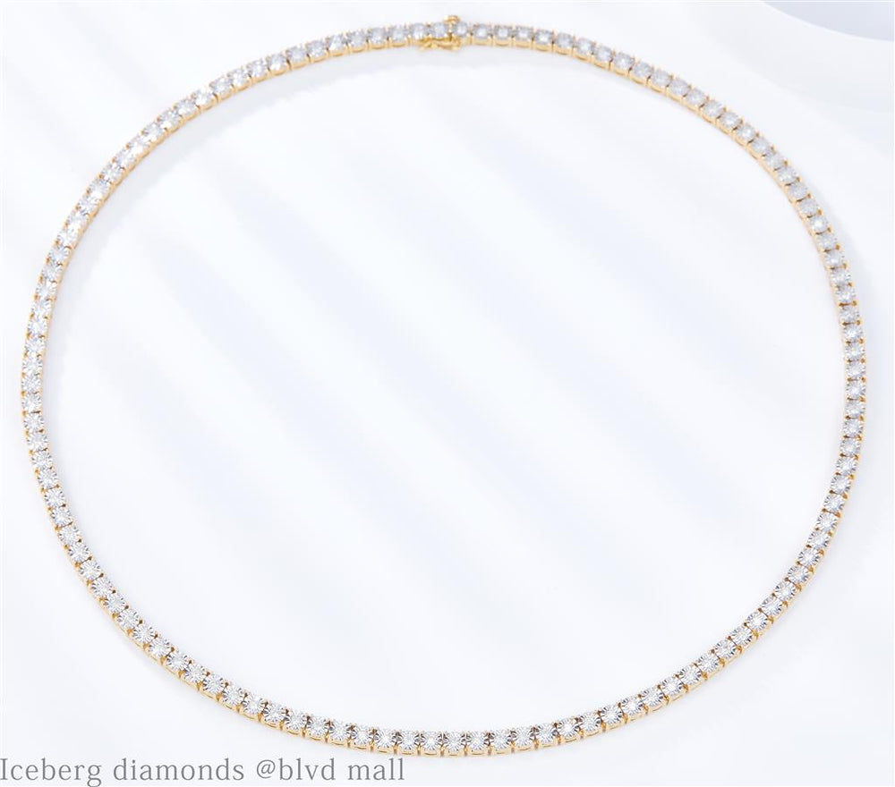 Yellow gold diamond tennis with illusion setting chain