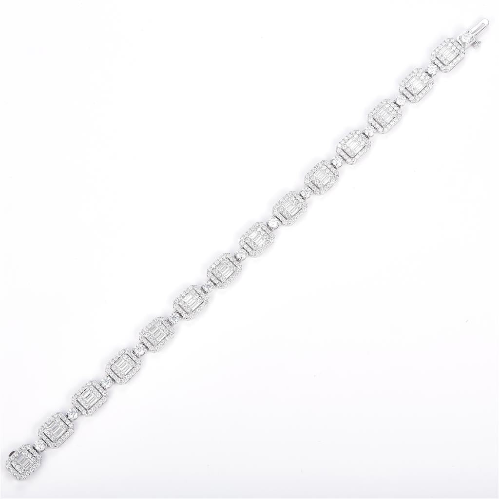 6.73 Ct. Moissanite. Sterling Silver (White). Designer with Baguettes Bracelet. (Unisex). 7.5 in Long. 8 mm Wide