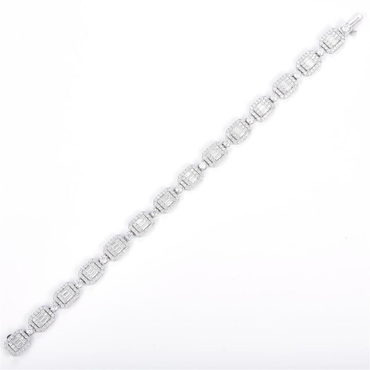 6.73 Ct. Moissanite. Sterling Silver (White). Designer with Baguettes Bracelet. (Unisex). 7.5 in Long. 8 mm Wide