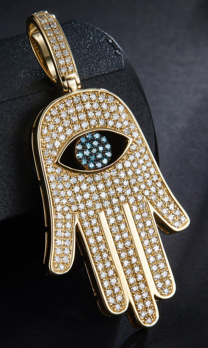0.73 Ct. Diamond 14 Kt Gold (Yellow). Khamsa with Blue Diamond Eye Pendant. (Unisex).