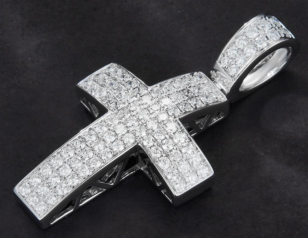 0.938 Ct. Diamond 14 Kt Gold (White). Cross Pendant. (Unisex).