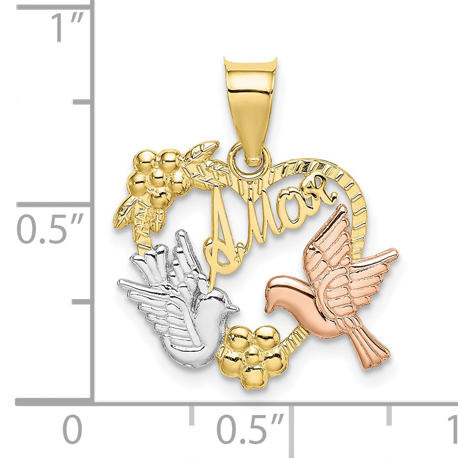 10k Two-tone w/White Rhodium AMOR Heart w/Doves Charm
