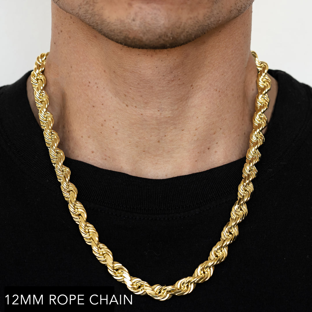 10K 12MM YELLOW GOLD SOLID DC ROPE 18" CHAIN NECKLACE (AVAILABLE IN LENGTHS 7" - 30")