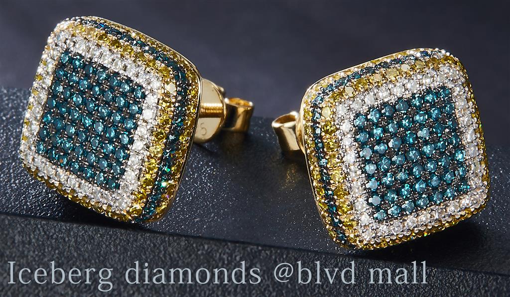 1.4825 Ct. Diamond 10 Kt Gold (Yellow). Studs with Blue, Yellow & White Diamonds Earrings. (Unisex).