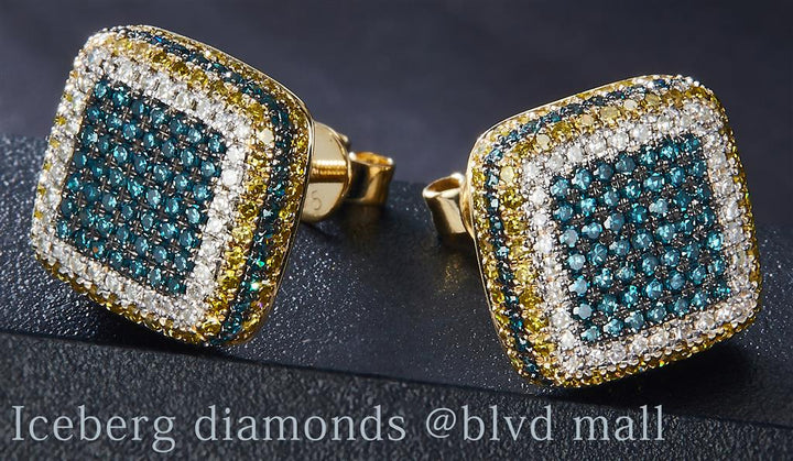 1.4825 Ct. Diamond 10 Kt Gold (Yellow). Studs with Blue, Yellow & White Diamonds Earrings. (Unisex).