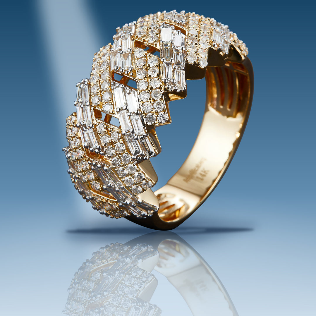 Yellow gold diamond square Cuban link style with baguettes ring