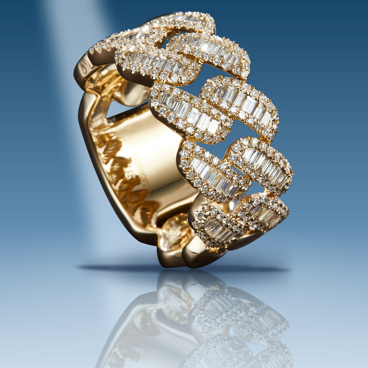 Yellow gold diamond Cuban link style with baguettes ring
