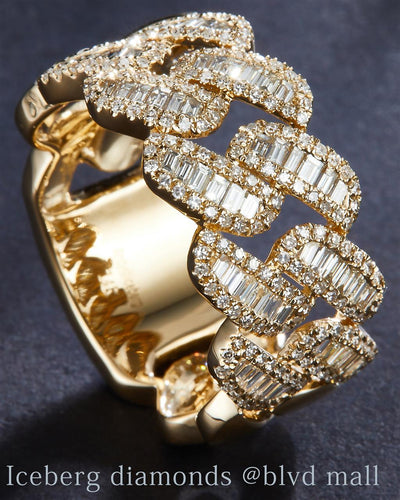 1.185 Ct. Diamond 14 Kt Gold (Yellow). Cuban Link Style with Baguettes Ring. (Men). Size 10