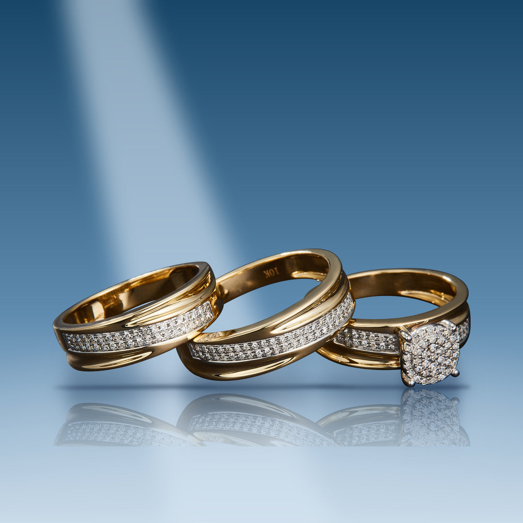 Yellow gold diamond trio wedding set
