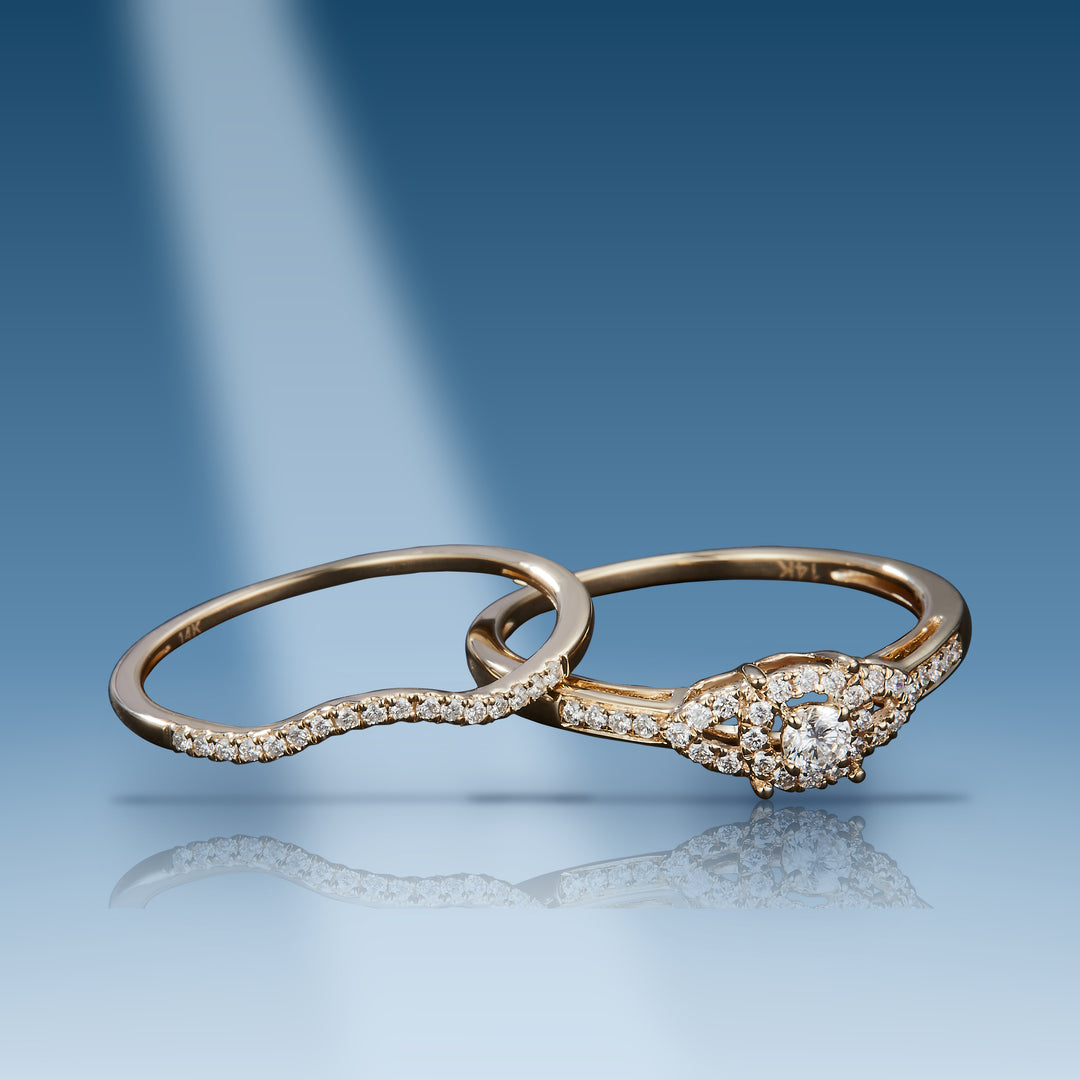 Yellow gold diamond womens engagement & wedding band wedding set