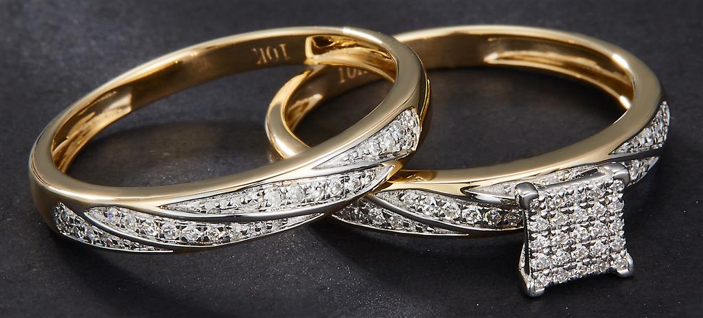 0.509 Ct. Diamond 10 Kt Gold (Yellow). Trio Set (Mens Band Size 10, Women Engag & Band) Wedding Set. Size 7.5